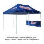A blue marquee tent with a single half wall banner featuring the Bimbo logo. The structure is supported by metal bars and clamps. Text below describes it as Marquee with 1 side 3M half wall with support bars & clamps (double side printed).