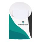 A company folder with a modern design featuring abstract teal and black swooshes. The folder displays a logo with a stylized building and the text Corporate Name, Slogan Goes Here. A white paper is partially visible inside the folder.