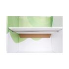 An empty, open white cabinet with a small shelf inside. The interior features a green and white abstract pattern on the back panel.