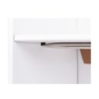 Close-up of a white drawer slightly open with a metallic handle. The handle is sleek and modern, and is partially visible against a plain white background.