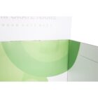 A white and green display booth backdrop with abstract circular patterns. The text on the top reads CORPORATE NAME and LOGAN GOES HERE in light grey and green letters. The backdrop appears empty and ready for customization.