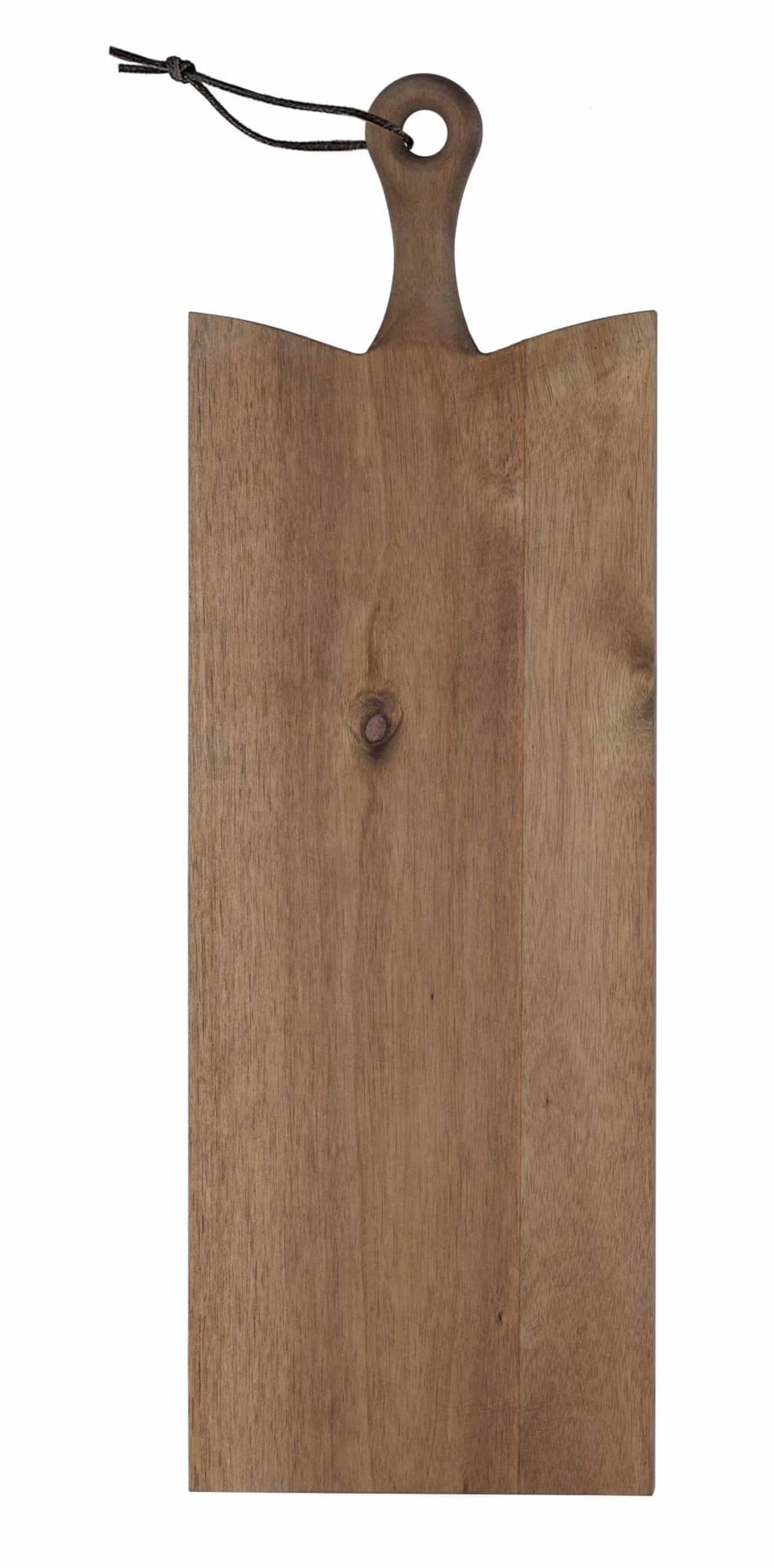 A wooden cutting board with a rectangular shape and a rounded handle, featuring a dark grain pattern and a black cord loop attached to the handle for hanging.