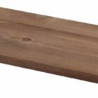 A rectangular wooden cutting board with a handle and a leather loop for hanging. The board has a natural wood grain pattern and a smooth finish.