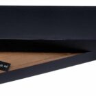 A wooden board with a handle, partly exposed and placed inside an open black rectangular box. A black tag with white text is attached to the boards handle.