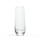 A clear, empty glass vase with a cylindrical shape and a slightly wider base sits on a white background.