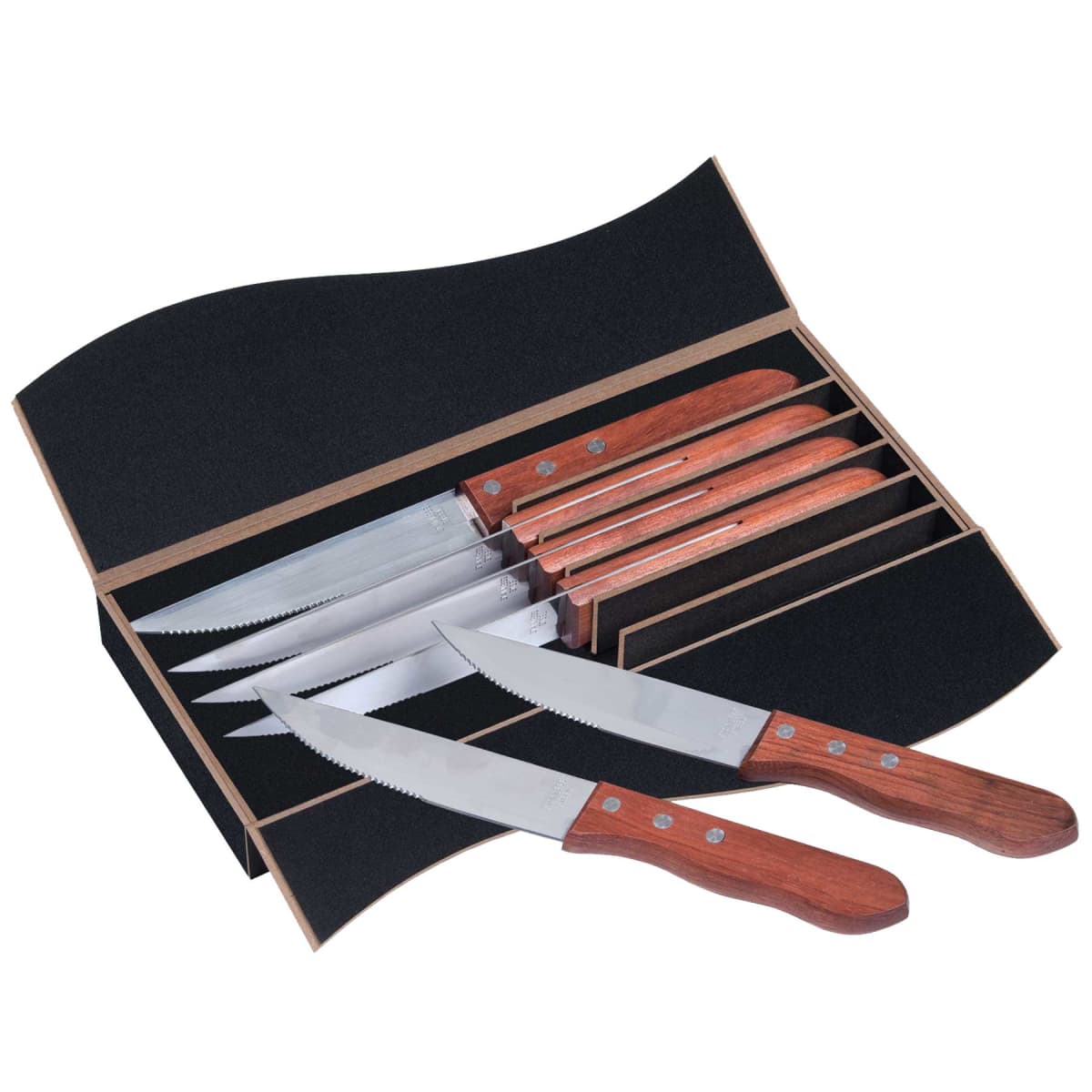An open wooden box containing six serrated steak knives with wooden handles. Four knives are neatly stored inside the box, while two are placed in front, showcasing their sharp blades and brown handles.
