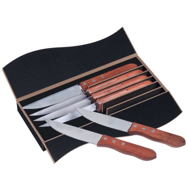 A set of six steak knives with wooden handles in an open black box. Two knives are placed in front of the box, showing their serrated blades. The boxs interior is lined with a soft material to secure the knives.