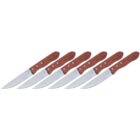 Six steak knives with wooden handles and stainless steel blades arranged in a row on a white background. Each handle features three metal rivets.