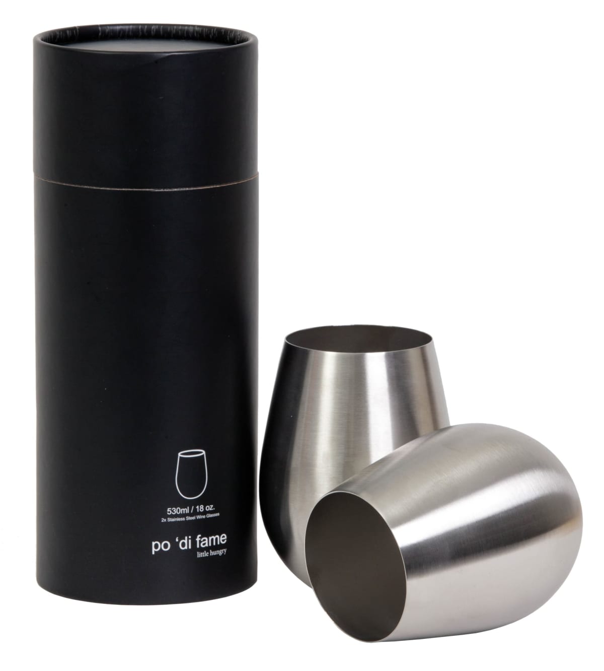 A black cylindrical box with text stands beside two sleek, silver, stemless wine glasses placed at different angles.