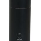A tall, black cylindrical container with white text. The container says 530 ml / 18 oz. and po di fame, followed by little hungry at the bottom. A small outline of a cup is displayed above the text.
