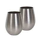 Two stainless steel stemless wine glasses with a sleek, brushed metal finish, positioned side by side against a plain white background.