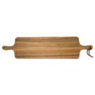 A long, rectangular wooden serving board with curved handles on each end. One handle has a leather loop attached. The board features a natural wood grain pattern.