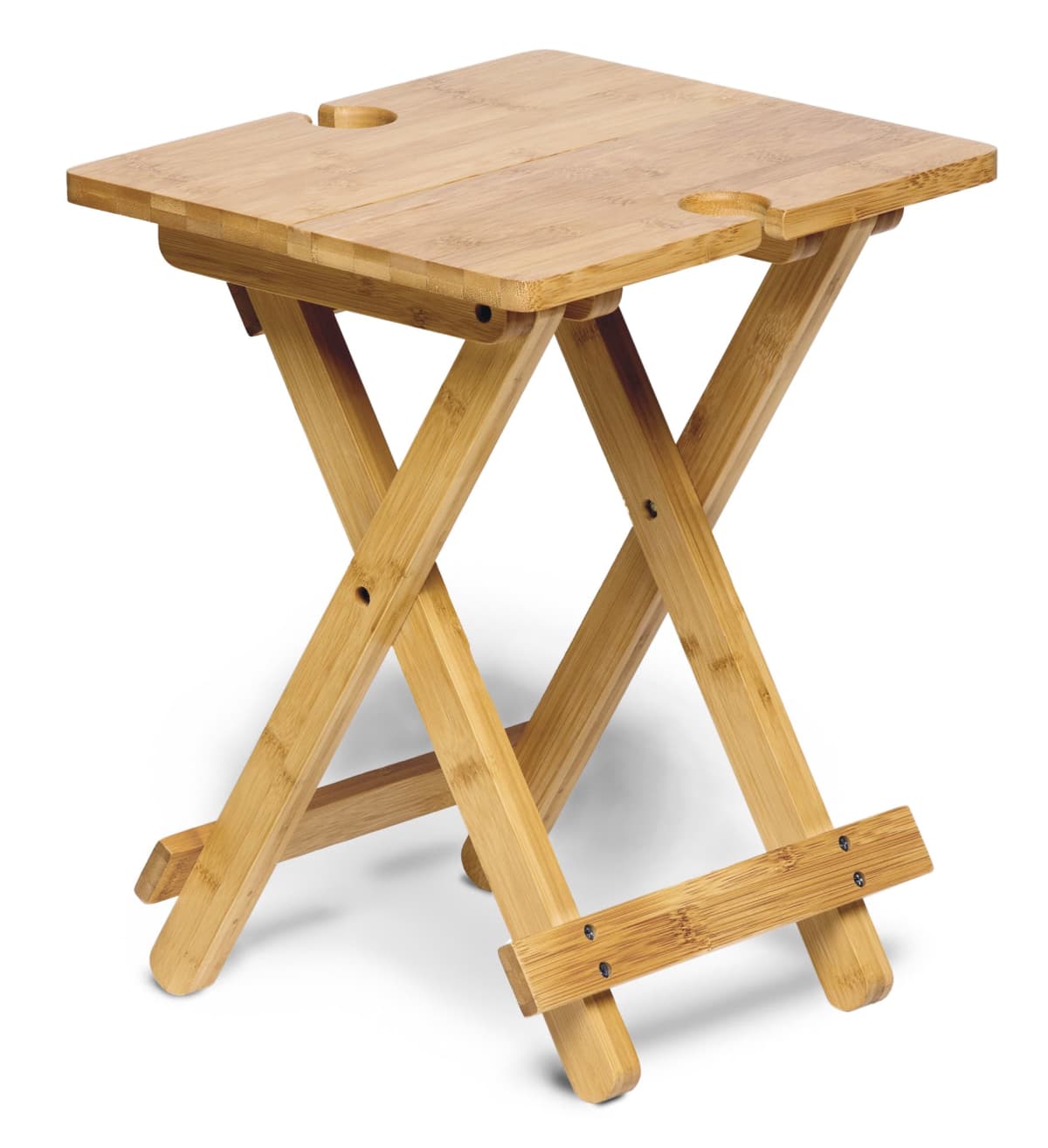 A small wooden folding table with a square top and crossed legs. The table is made of light-colored wood and features notches on two sides for easy carrying.