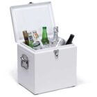 A white cooler box with an open lid. Inside, there are various bottles and cans of drinks standing upright, chilled on a bed of ice cubes. The cooler has a metal latch and side handle.