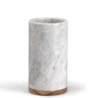 A tall, cylindrical marble vase with a smooth surface and subtle gray veining. It has a wooden base, contrasting with the marble texture. The vase is set against a plain white background.