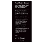 Instructions for using a Vino Marble Cooler, emphasizing marbles insulation. Steps include freezing, inserting wine, rinsing, avoiding abrasive cleaners, and careful handling. Text ends with Enjoy! and the brand logo po di fame little hungry.