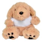 A fluffy, light brown stuffed dog with floppy ears, wearing a white shirt. It has black nose and eyes, along with detailed paws.