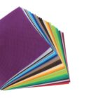 A fan-shaped arrangement of colorful fabric swatches, including purple, gray, blue, brown, yellow, green, and red, displayed on a white background.