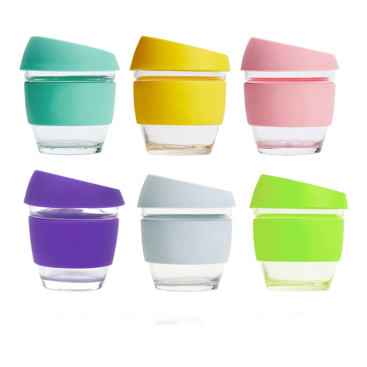 Six glass cups with angled silicone sleeves and lids in different colors: teal, yellow, pink, purple, light blue, and lime green, arranged in two rows.