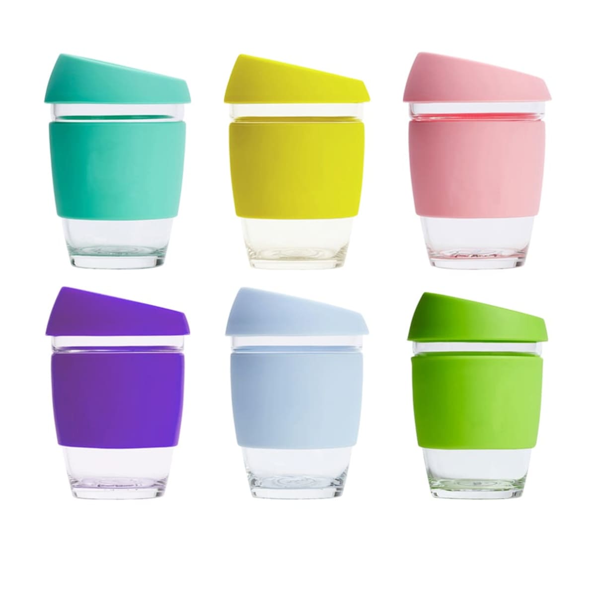 Six reusable glass cups with colorful silicone sleeves and lids are arranged in two rows. Top row colors: teal, yellow, pink. Bottom row colors: purple, light blue, green. Each cup features a matching lid and sleeve.