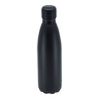 A sleek, matte black stainless steel water bottle with a screw-on lid stands upright against a white background.