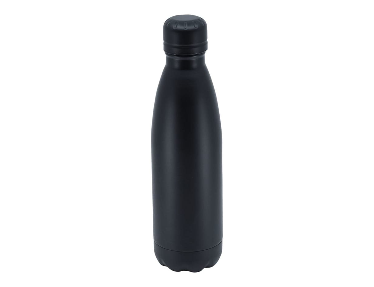 A sleek, matte black stainless steel water bottle with a screw-on lid stands upright against a white background.