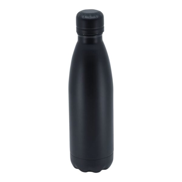 A matte black stainless steel water bottle with a smooth, cylindrical shape and a rounded cap. The bottle is standing upright against a plain white background.