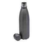 A sleek, matte gray insulated water bottle with a shiny silver cap, partially unscrewed and resting on its side. The bottle stands upright against a plain white background.