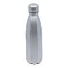 A sleek, metallic silver water bottle with a screw-on lid, featuring a smooth, reflective surface and a slim, cylindrical shape. The bottle is standing upright against a plain white background.
