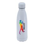 A white water bottle with a colorful geometric cat design. The design features a cat walking, formed using vibrant triangular shapes, alongside the word muvo in black text.