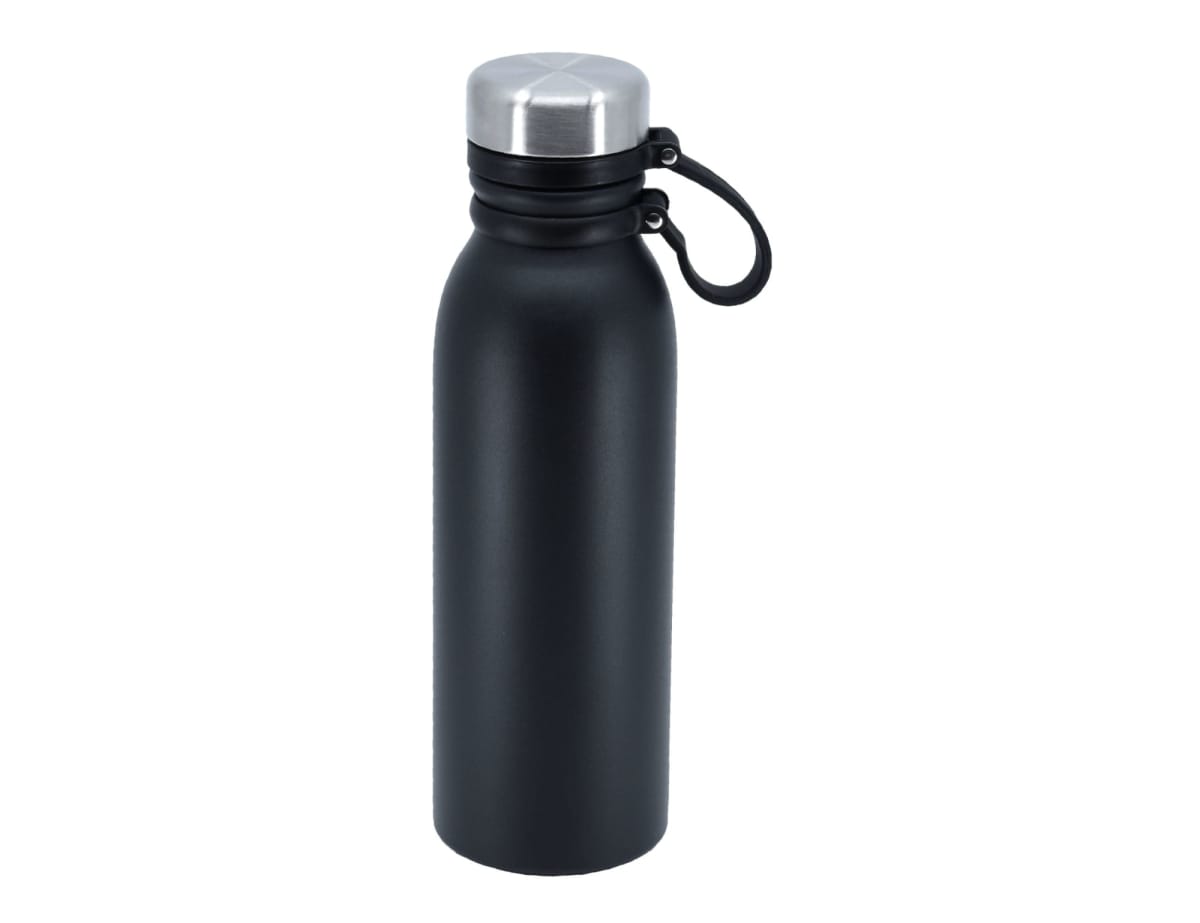 A sleek black water bottle with a stainless steel cap and a black carrying loop.