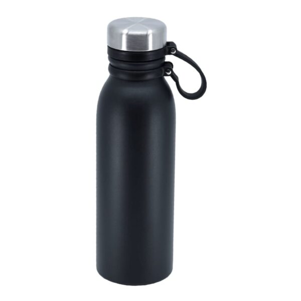 A sleek black water bottle with a silver cap and a black carrying loop. The bottle has a matte finish and a cylindrical shape, making it ideal for outdoor activities and everyday use.