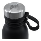 Close-up of a black bottle with a silver metallic cap engraved with Bega Since 1899. The cap is attached to a black handle loop.