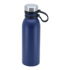 A blue stainless steel water bottle with a silver metallic cap and a black plastic handle. The bottle has a minimalist design and stands upright against a plain white background.