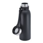 A black, double-walled stainless steel water bottle with an open lid attached by a strap. The lid, featuring a silver finish on its edge, hangs down the side of the bottle. The bottle has a sleek, matte design.