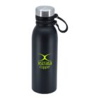 A black water bottle with a silver lid and a black carrying loop. The bottle has a lime green xstrata copper logo printed on its side.