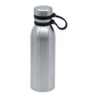 A shiny silver stainless steel water bottle with a black rubber strap near the cap, standing upright against a plain white background.