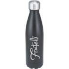 A black insulated water bottle with a silver cap. The word Fratelli is printed in white cursive lettering on the side.
