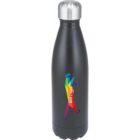 A black insulated water bottle with a silver cap. It features a colorful abstract design with the word mujo on the side.