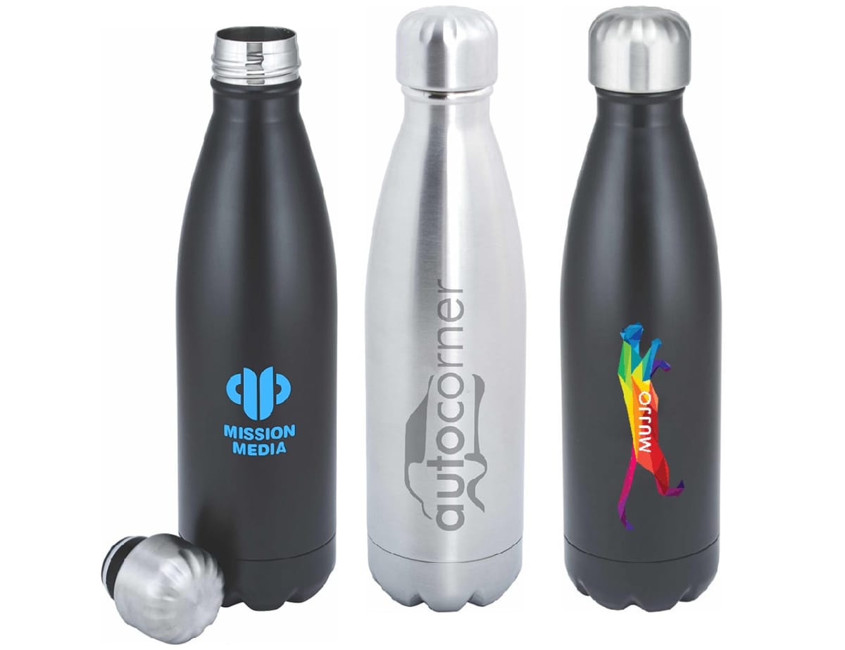 Three insulated water bottles are shown. One is black with Mission Media text and logo, one is silver with autocorner text, and the third is black with a colorful running figure and MUTUAL text. One cap is unscrewed and placed beside a bottle.
