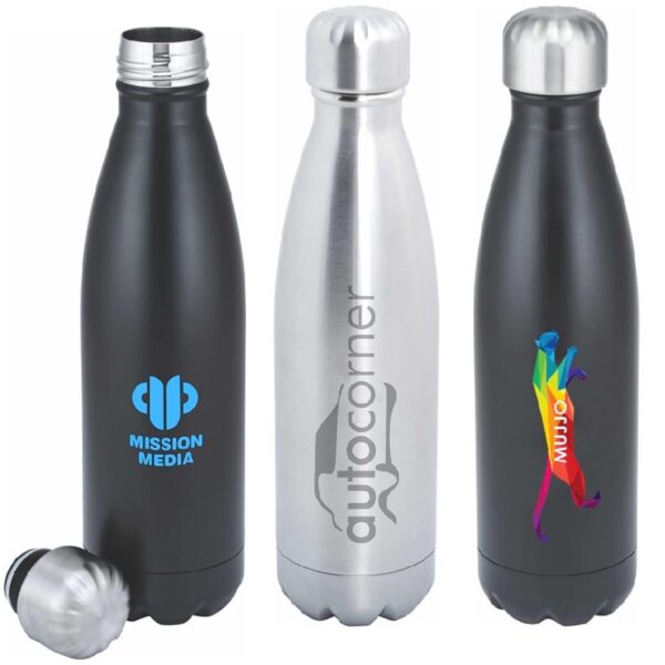 Three reusable water bottles are displayed. The first and third are black with colorful logos, and the middle one is metallic silver with a vertical logo. One black bottle has its lid removed and placed beside it.