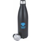 A black insulated water bottle with a blue Mission Media logo on the side. The bottle has a silver screw-on cap placed beside it.