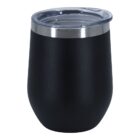 A black insulated tumbler with a clear plastic lid. The tumbler has a sleek, matte finish and a stainless steel rim at the top. It is designed for keeping beverages hot or cold.
