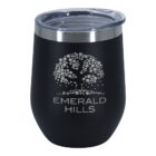 Black insulated tumbler with a clear lid. The tumbler features a silver tree design above the words Emerald Hills.