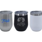 Three insulated tumblers with lids. The first is silver with Fratelli in blue, the second is black with Emerald Hills and a tree design in white, and the third is plain white.