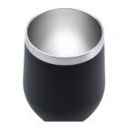A stainless steel, black matte wine tumbler with a smooth, rounded design and a shiny silver interior. The top of the tumbler is open, showcasing the contrast between the matte exterior and bright interior.