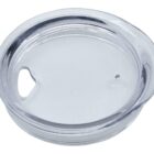 A transparent, oval-shaped plastic lid with a small teardrop-shaped tab on one side.