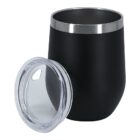 A black stainless steel travel mug with a transparent, detachable lid rests beside it. The mug has a sleek design and a metallic rim at the top.