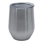 A stainless steel tumbler with a clear plastic lid, featuring a smooth, brushed finish. The tumbler has a tapered design, wider at the top and narrower at the bottom.