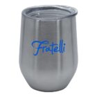 A stainless steel tumbler with a clear lid and the word Fratelli in blue cursive on the side.